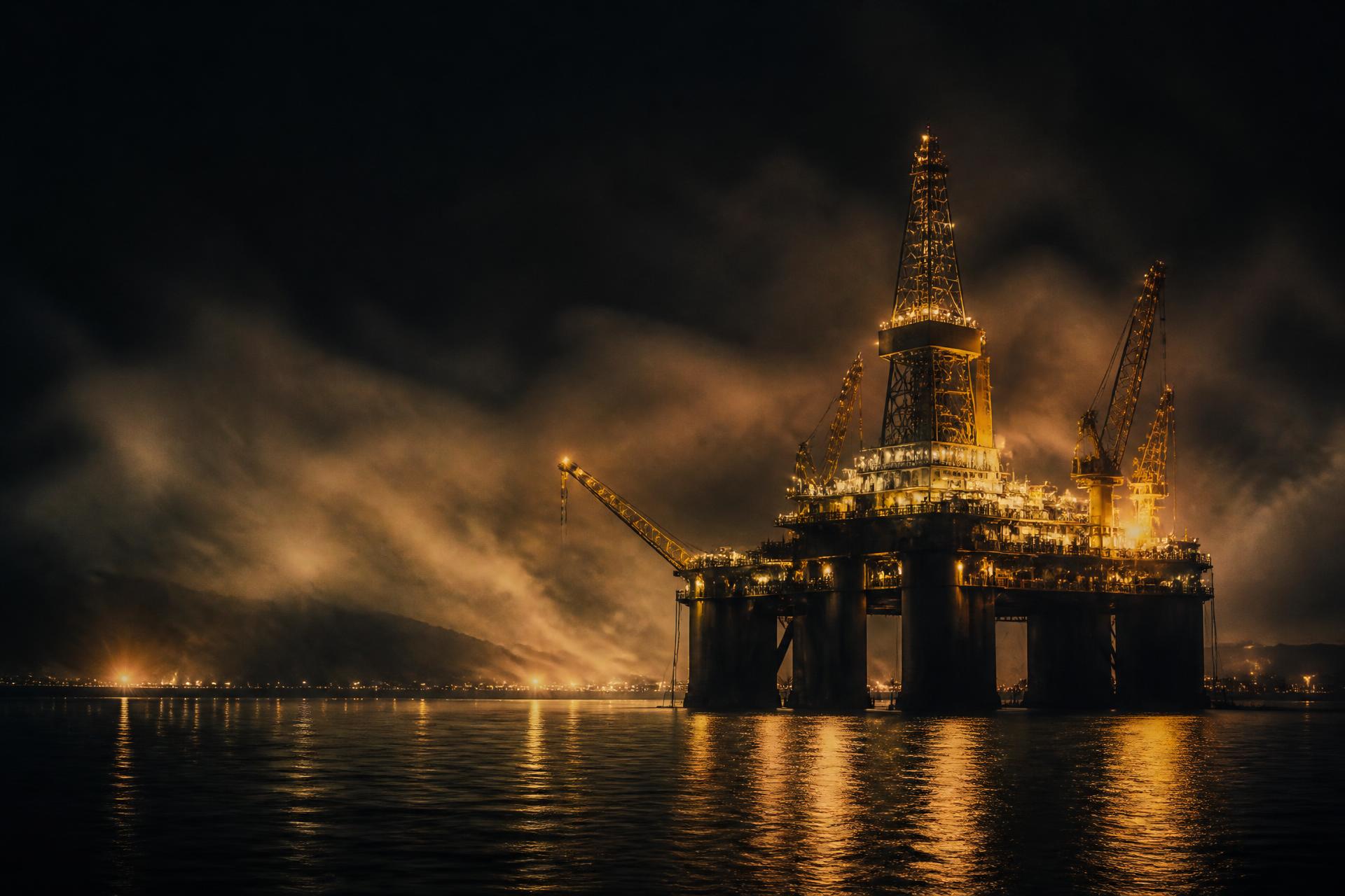 Offshore drilling rig lit at night