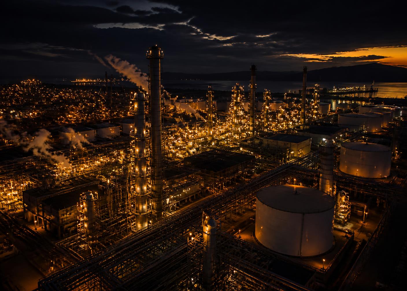 Refinery complex illuminated at dusk